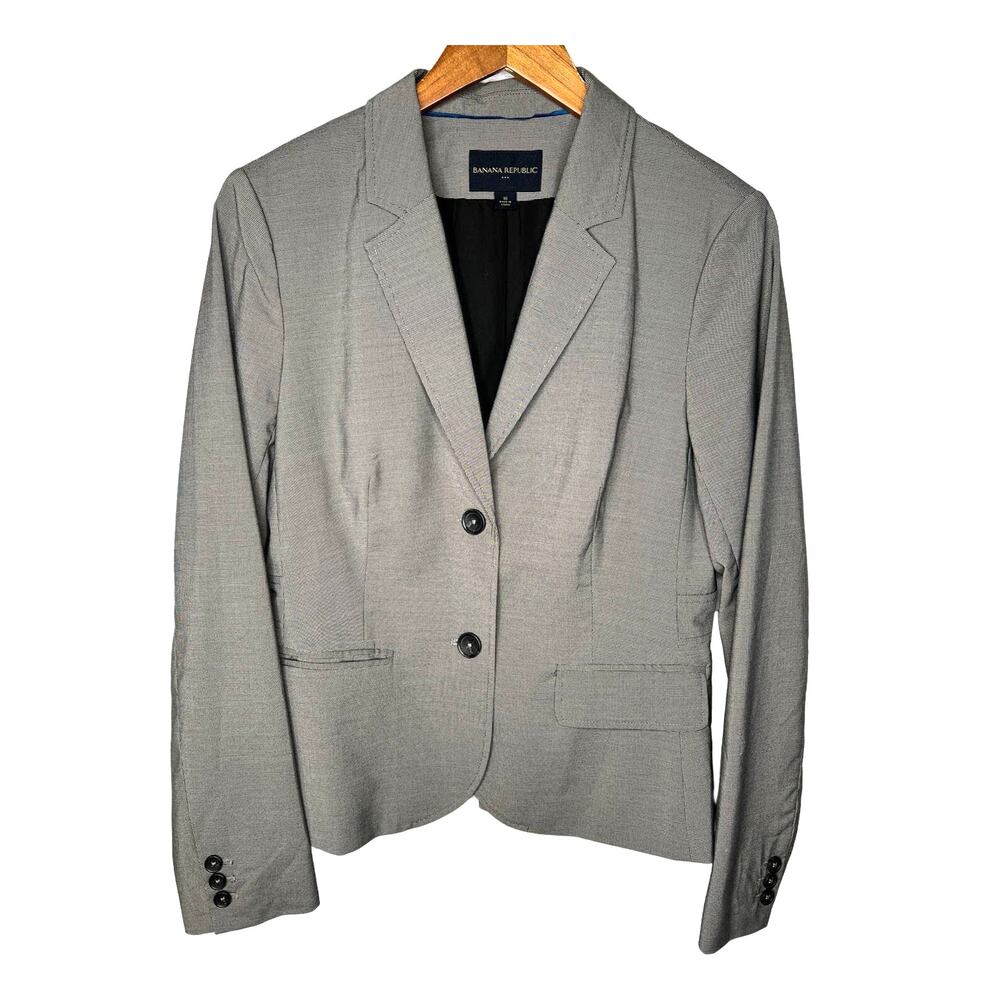 Banana Republic 10 Micro Houndstooth Peplum Blazer Jacket 2 Button Black Gray